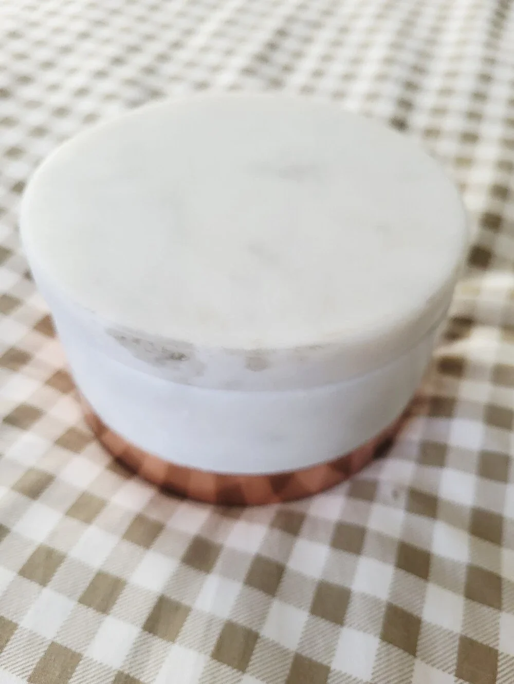 William Sonoma Round White Marble Salt & Pepper Keeper With Copper Base